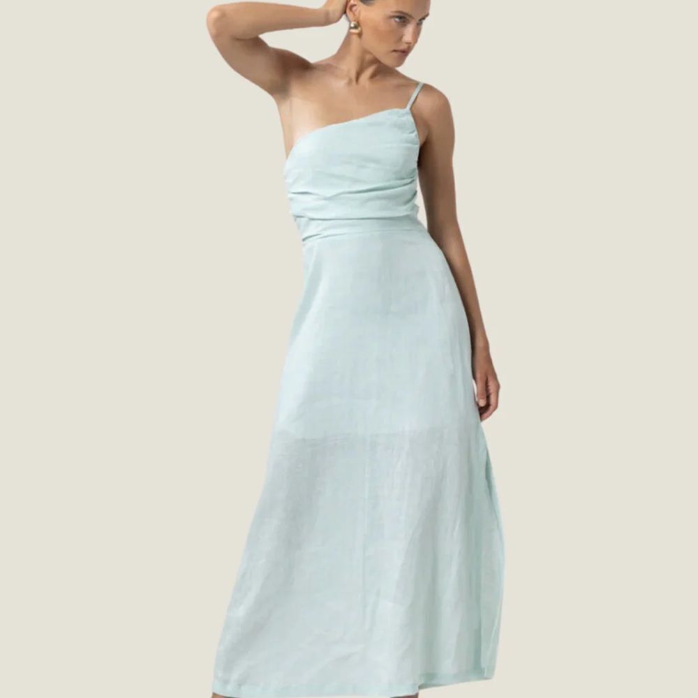 Lusana One-Shoulder Linen Maxi Dress-The Poppy in Soft Seafoam green Sz M NWT